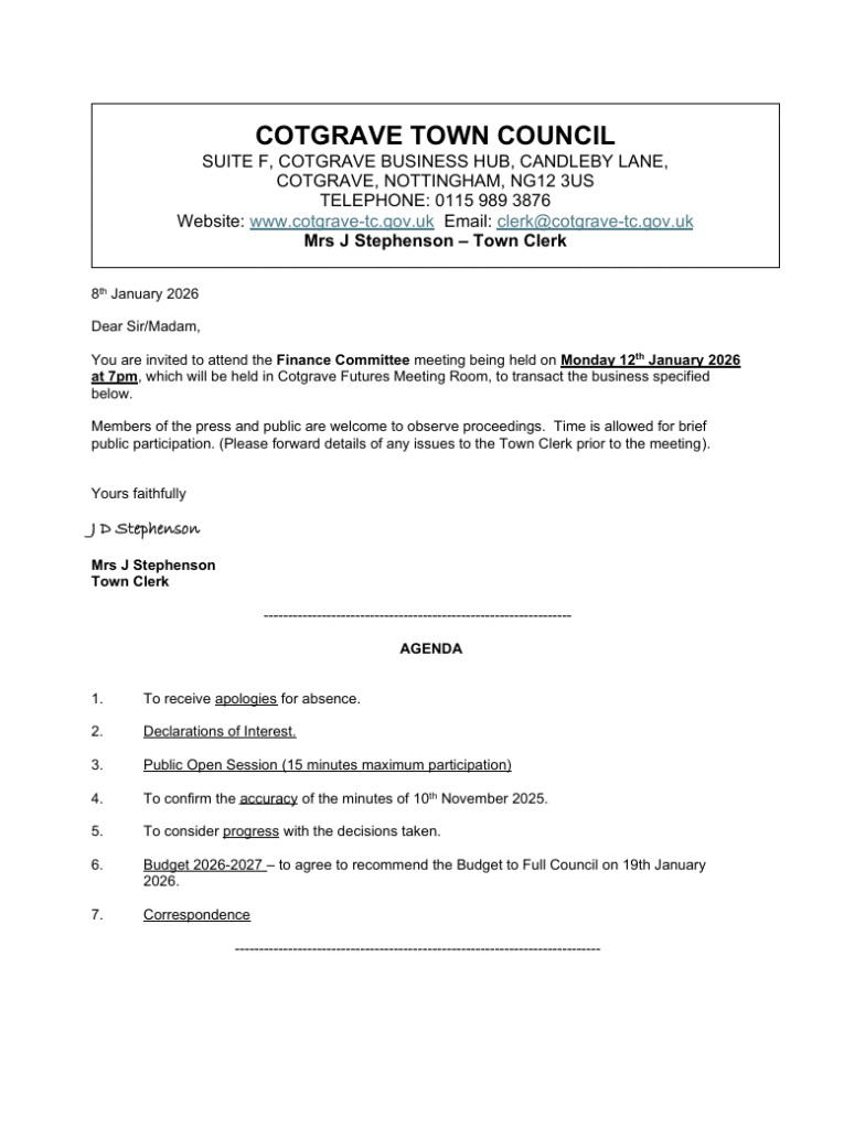 Agenda Finance Committee Meeting 